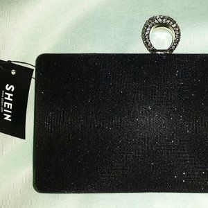 NEW Shein HB J11 Black Shimmer De Blossom Collection Clutch-Detach. Silver Chain